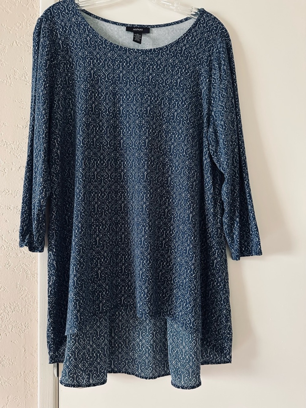 Alfani Tunic Large Hi-lo Hem Scoop Neck Navy and White Geometric Swing Tunic